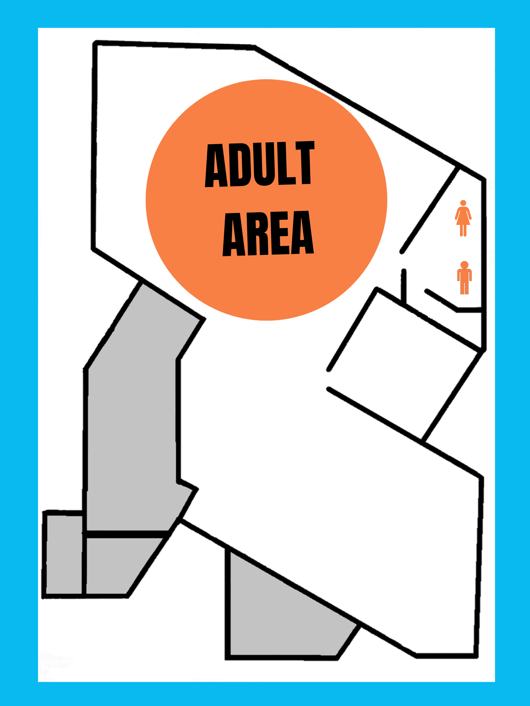 Map of floor plan of Troke Branch Library, with big orange dot showing the adult area