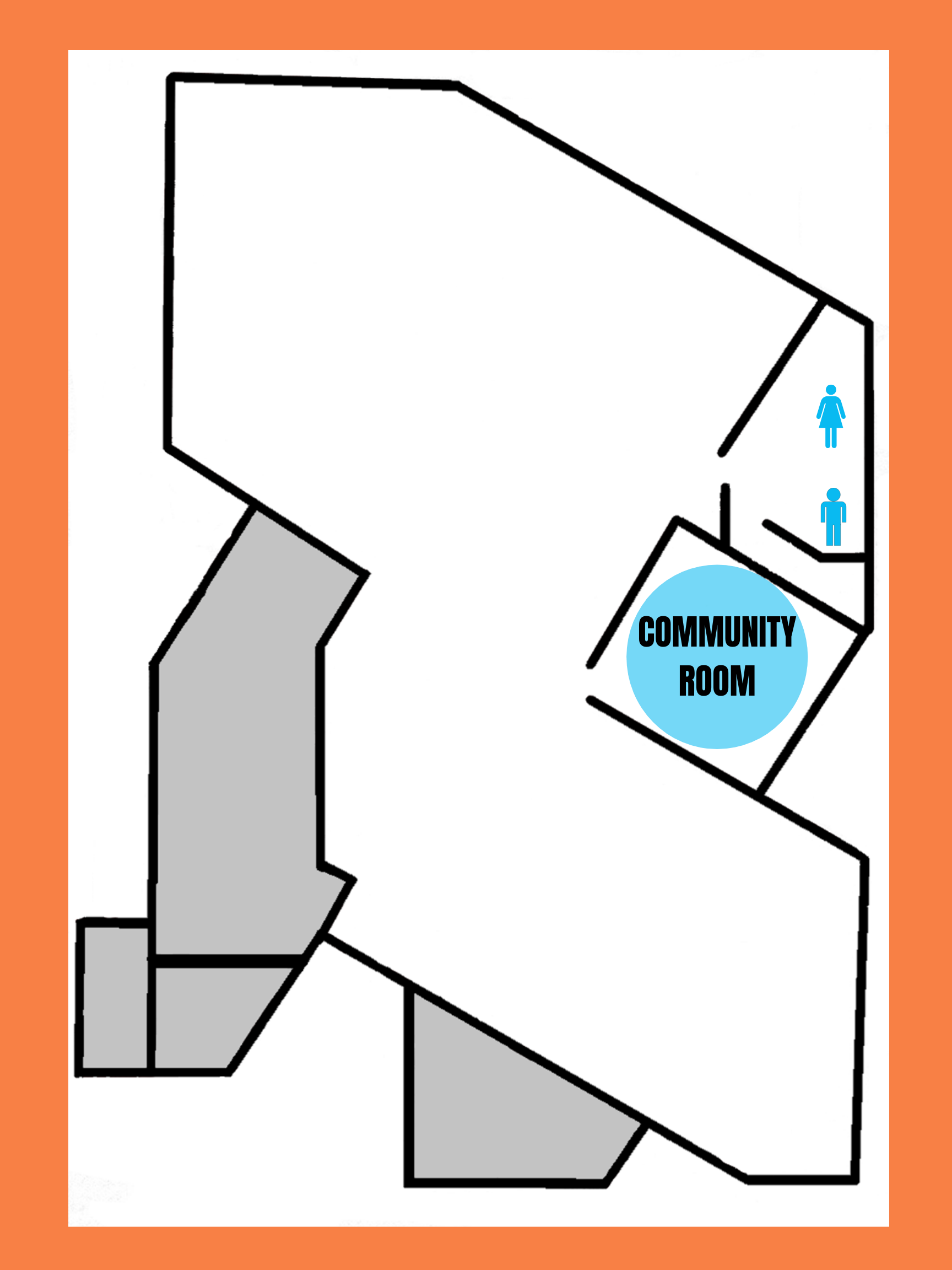 Map of floor plan of Troke Branch Library showing big dot in Community Room