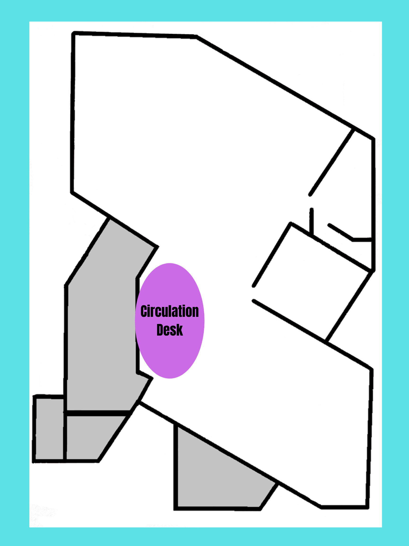 Map of floor plan of Troke Branch Library, with big purple oval indicating circulation desk location.